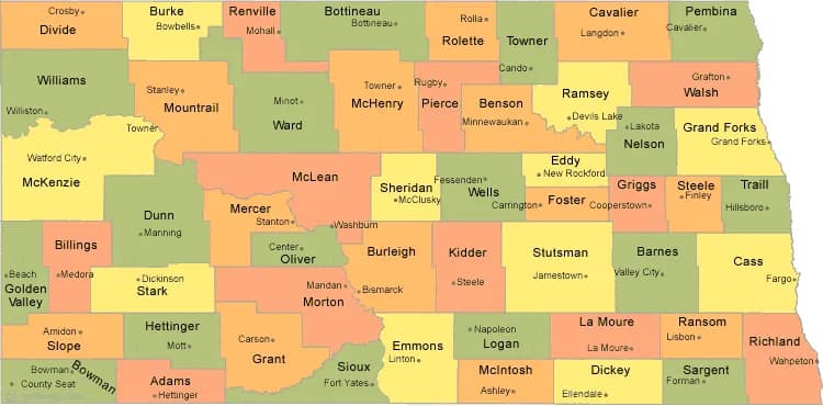 North Dakota County Map with County Seat Cities